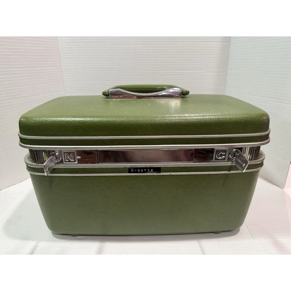 Vintage Samsonite Train Case Green Vanity Makeup Travel Case Tray Key & Mirror - Picture 1 of 7